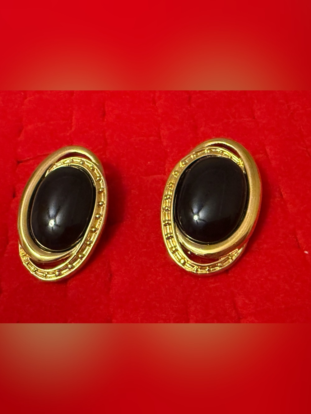 Vintage Monet Large Gold-Plated Black Oval Cabochon Clip-On Earrings
